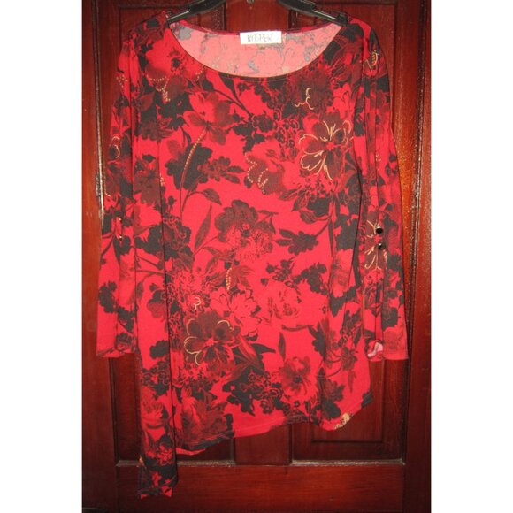 Kasper L Stretch Blouse Tunic Top Shirt Lagenlook Floral Print Red Black 3/4 Slv - Picture 1 of 3
